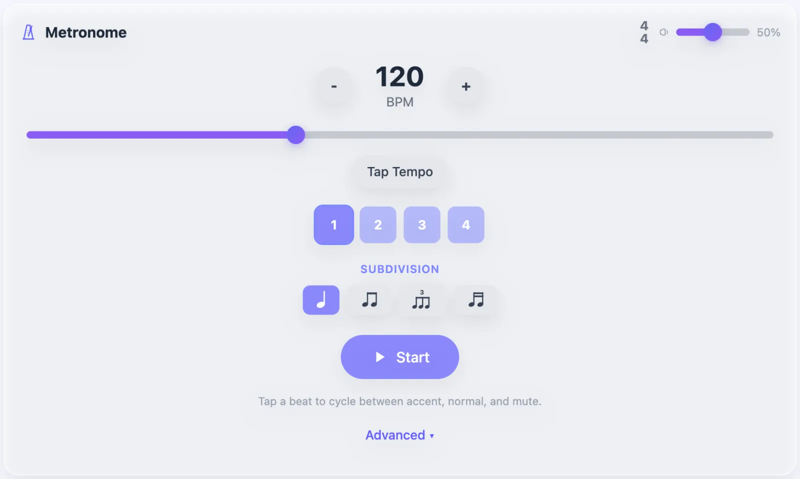 The metronome at 120 BPM with tap tempo, beat accents and subdivisions
