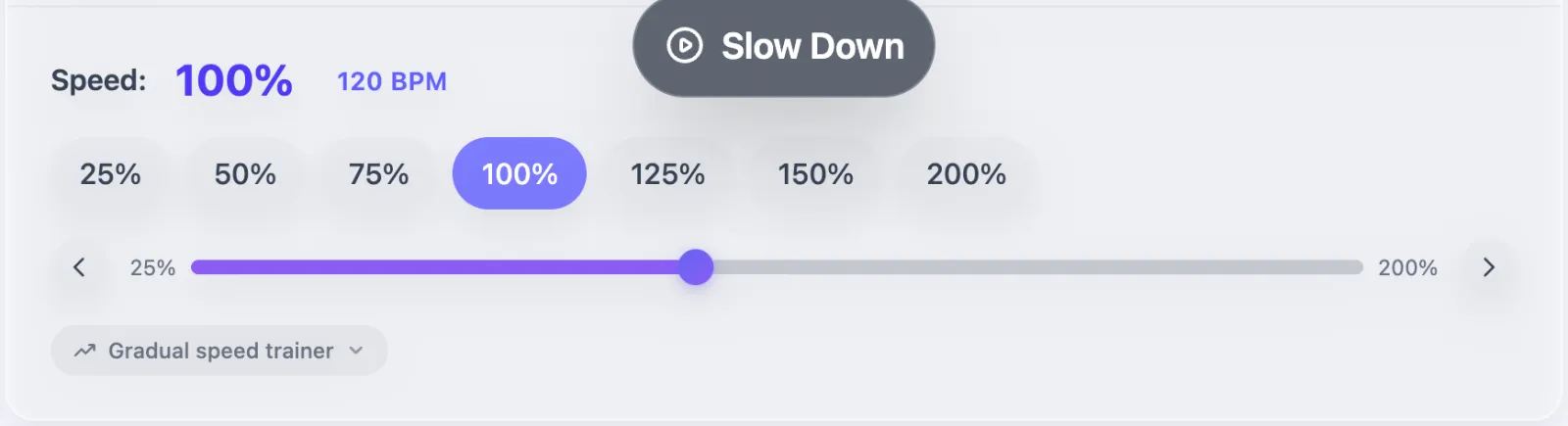 The speed card with a slider, preset buttons and the gradual speed trainer